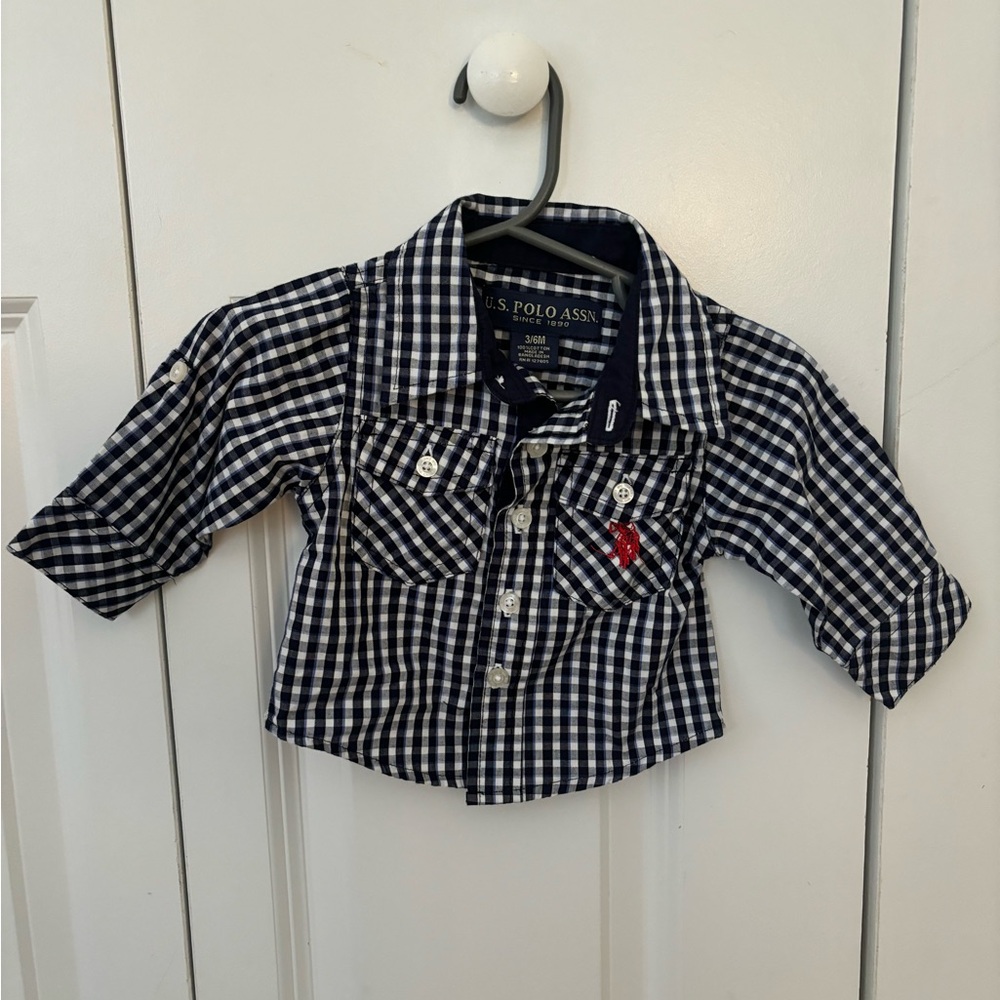 U.S. Polo Assn. Navy Checkered Button Up, Size 3-6 months